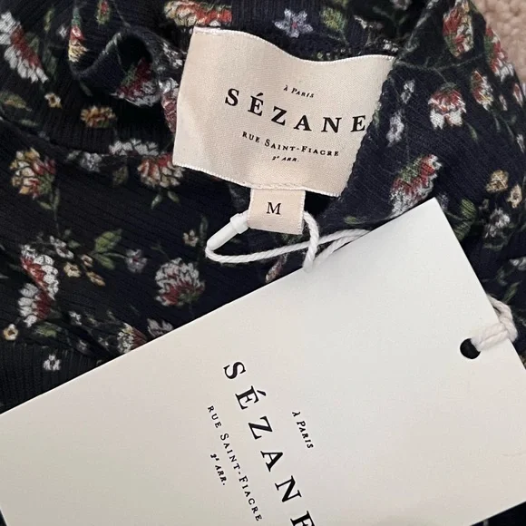 Sezane Felix Navy Blue Miranda Floral Mock Neck Long Sleeve Tee NWT Medium - Picture 9 of 11